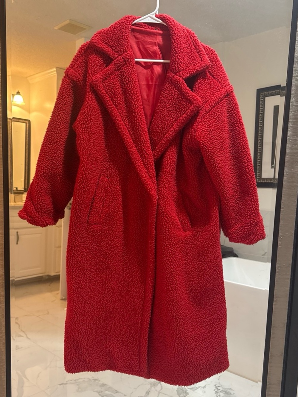 Red Teddy Long Coat - Women's Plush Oversized Jacket